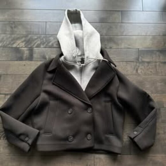 Zara Cropped Peacoat with Removable Grey Hood - NEW - Picture 1 of 3